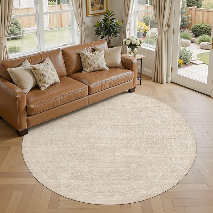 6ft Round Rug Living Room: Washable Large Vintage Neutral Area Rug Non-Slip Soft Stain Resistant Indoor Carpet for Bedroom Nursery Dining Room Under Table Bed Home House Office Playroom - Beige