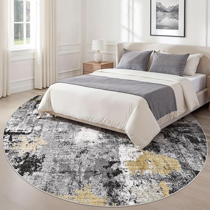 Abstract 9FT Round Rug: Machine Washable Non Slip Ultra Thin Low-Pile Carpet, Soft Stain Resistant for Living Dining Room Bedroom, Kid Pet Friendly, Robot Vacuum Compatible - Black Gold