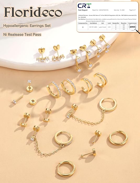Florideco 14K Gold Plated Earrings for Women Hypoallergenic 20G Surgical Stainless Steel Flat Back Stud Earrings Dainty Stackable Earring Stacks Small Cartilage Earring Sets for Multiple Piercing