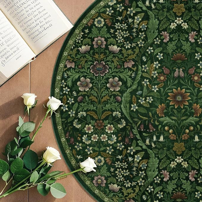 Round Rug 4ft Dark Green Washable Floral Circle Rug,Vintage Boho Botanical Round Area Rugs, Non-Slip Soft Low-Pile Circular Carpet for Bedroom,Kids Room,College Dorm,Home Decor