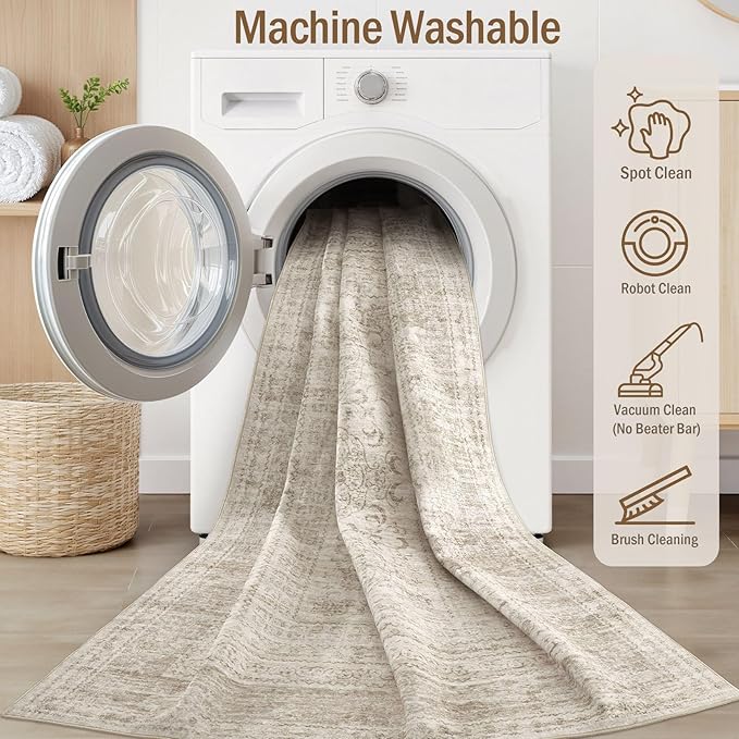Nakagishi Washable Runner Rug 2x8: Vintage Neutral Non-Slip Entryway Rug for Hallway & Kitchen, Soft Low Pile Floor Carpet for Bedroom - Beige Gray