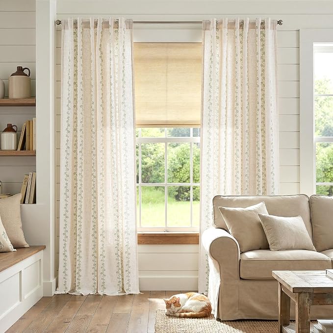 Lazzzy Cathy Linen Floral Curtains for Living Room Privacy Curtains Set of 2 for Bedroom Rod Pocket Back Tab Light Filtering Drapes 8 FT Farmhouse Cottagecore Decor 50"x96" Sage Green on Linen