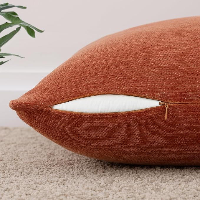 Set of 4 Rust Red Throw Pillow Covers 12x20 Inch, Neutral Boho Farmhouse Aesthetic Decorative Pillow Cases for Couch, Sofa, Living Room & Bed, Soft Chenille Pillow Cases, Stylish Home Decor, 30x50 cm
