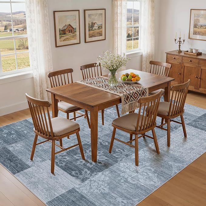 UERMEI 10x12 Area Rug for Living Room - Washable Vintage Carpet, Non-Slip Soft Large Indoor Floor Rugs for Bedroom Home Office & Under Dining Table Decor, Blue Block