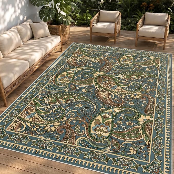 Arenarug Paisley Outdoor Rug Waterproof 4x6, UV Resistant Non Slip Patio Rug, Indoor Outdoor Boho Camping Rug Linen-Look RV Carpet for Deck Balcony Backyard, Sage&Blue
