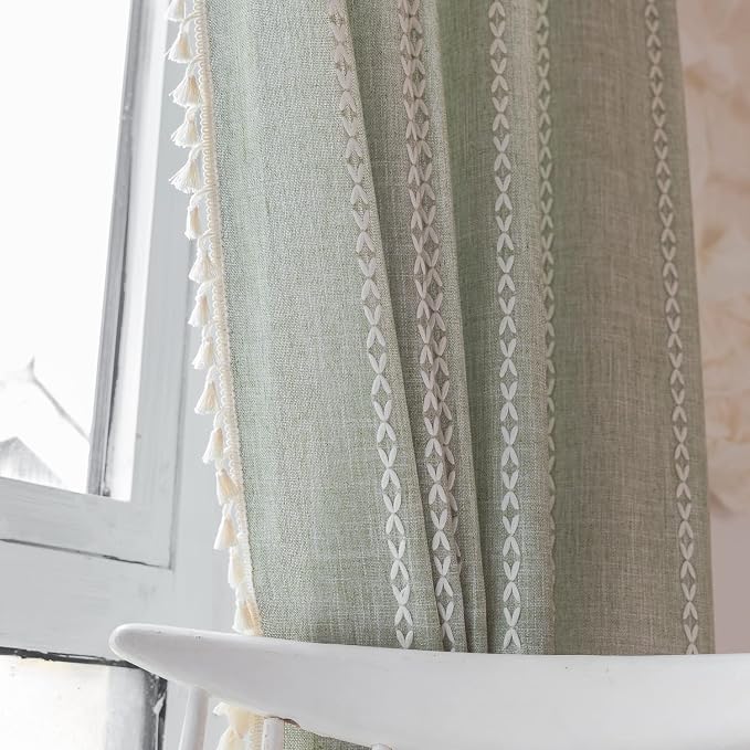 Boho Embroidered Linen Curtains - 96 Inch Long, 2 Panels, Sage Green, Farmhouse Style, Bohemian, Light Filtering for Bedroom & Living Room (52" W x 96" L)