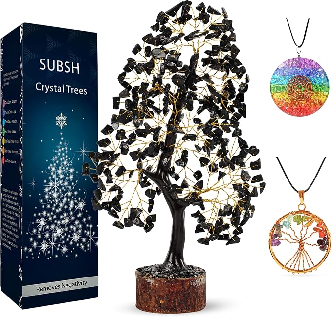 Black Tourmaline Crystal Tree of Life, Chakra Pendant Gemstone Tree, Chakra Healing Tree for Home Decor, Gifts for Women, Bonsai Trees for Positive Energy, Office Desk Decor, Room Decor 10-12"