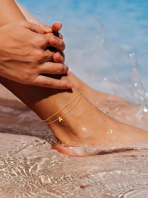 FaithHeart Initial Ankle Bracelets for Women, Waterproof 14k Gold Plated Initial Anklets Non Tarnish Stainless Steel Cute Layered Anklet Summer Beach Jewelry