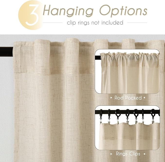 Greyish Beige Linen Curtain 102 inch Length 2 Panels Set Back Tab Light Filtering Living Room Curtain Drapes Home Office Modern Minimalist Decor Farmhouse Boho Neutral Semi Sheer Curtain 102 inch Long