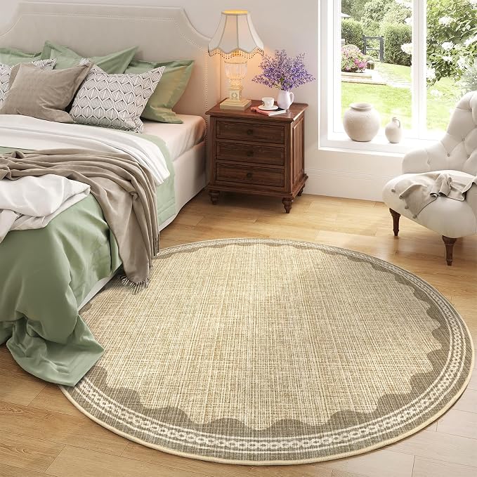 GarveeHome Scalloped Jute Print 6 ft Round Rug Washable Non-Slip Soft Ultra-Thin Small Modern Cottage Core Solid Tan Circle Carpet for Kitchen Bedroom Nursery Dining Room Tan