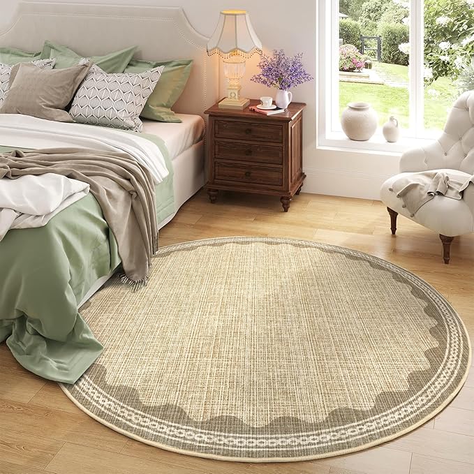GarveeHome Scalloped Edge Circle Solid Tan Jute Digital Printing 5ft Round Rug Washable Non-Slip Soft Ultra-Thin Modern Carpet for Living Room Kitchen Bedroom Nursery Dining Room