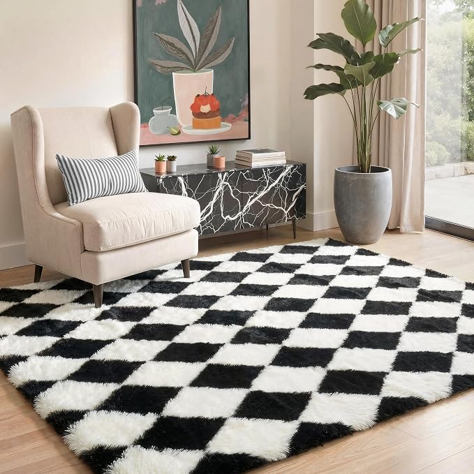 GENIMO Checkered Rug 6x9 Area Rugs for Kids Bedroom Soft Shag Rug Fluffy Fuzzy Carpet Plush Rugs for Living Room Nursery Playroom Dorm Modern Home Decor Aesthetic, Black and White