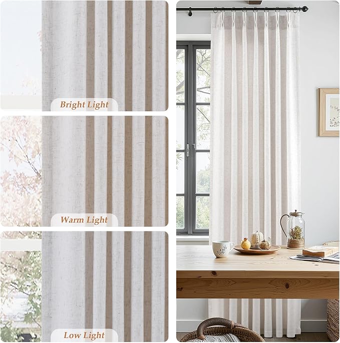 Aersas Beige White Pinch Pleated Linen Curtains 63 Inch Length 2 Panels for Living Room Bedroom Semi Sheer Window Curtain Boho Neutral Back Tab Pinch Pleat Drape with Hooks 40x63