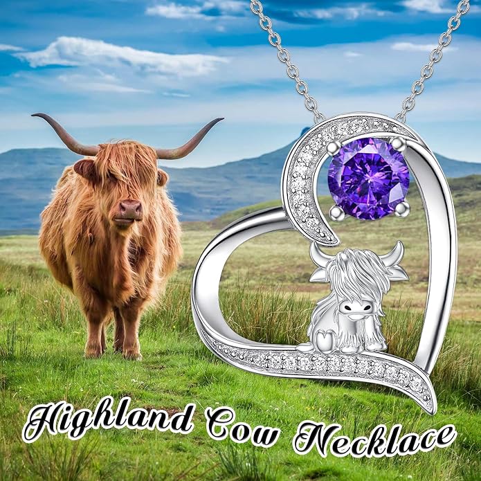 Highland Cow Gifts for Women 925 Sterling Silver Highland Cow Birthstone Necklace Fluffy Cow Jewelry Gifts Birthday Christmas