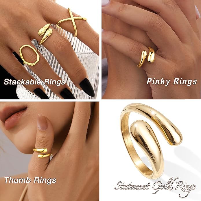 Non Tarnish Gold Chunky Rings for Women, 14K Gold Plated Statement Dome Rings Stacking Silver, Adjustable Mens Eternity Wedding Band Mixed Metal Jewelry Size 3-13