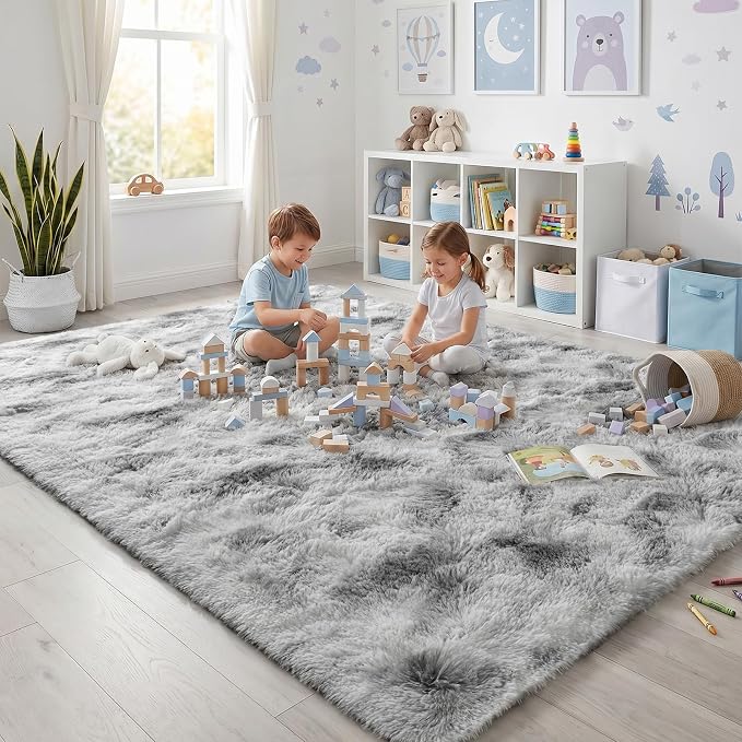 Fluffy Rugs for Living Room:Tie-dye White Grey Soft Shag Rug for Bedroom, Large Fuzzy Plush Indoor Floor Carpet Non Slip Modern Rug for Nursery Boys Girls Kids Room Dorms Home Decor, 9x11 Feet