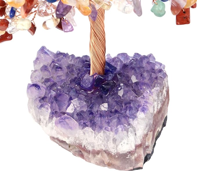 Jovivi Natural 7 Chakra Gemstone Healing Crystal Money Tree on Amethyst Cluster Geode Druzy Base Feng Shui Crystals for Home Office Desk Decorations, Wealth,Good Luck