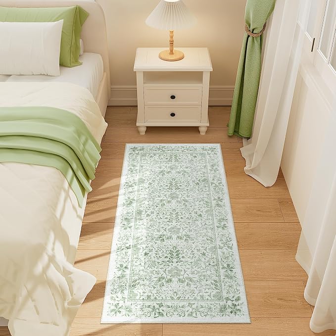 DUKINO 2x4 Rug, Washable Vintage Floral Bathroom Runner Rug, Sage Green | Non Slip, Low Pile, Stain Resistant, Aesthetic Lightweight Soft Indoor Carpet for Kitchen Entryway Hallway Bathroom Bedroom