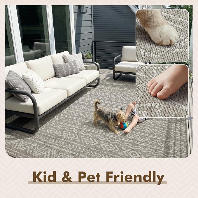 MontVoo-Outdoor Rug-Patio Rug 5x7 ft Polypropylene Indoor Outdoor Rugs Outdoor Carpet for Patio Deck Balcony Porch, Textured Weave, Durable for High Traffic, Fade-resistant, Boho Farmhouse Silver Grey
