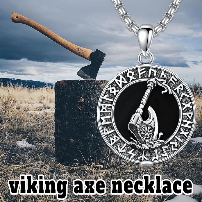 Viking Necklace for Men S925 Sterling Silver Odin/Troll Cross/Compass/Raven/Valknut/Axe Rune Amulet Necklace Norse Jewelry for Christmas Birthday