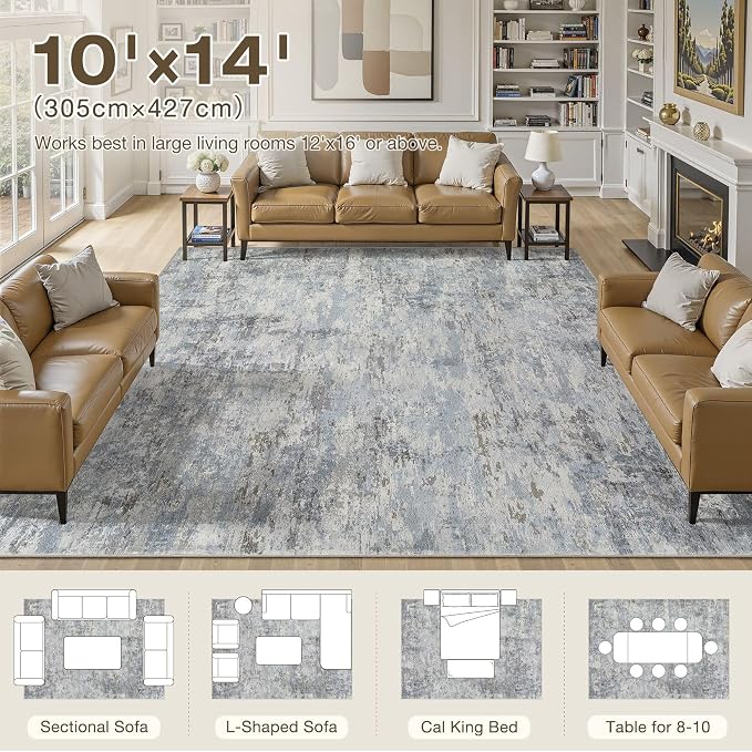 10x14 Area Rugs for Living Room, 10x14 Rug Washable High-Low Pile | Neutral Modern Abstract Carpet, Non Slip Lightweight Soft Made for Dining Room, Home Office Indoor Decor - Blue Gray