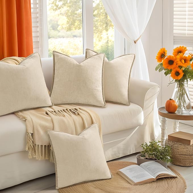 decorUhome Fall Soft Decorative Chenille Throw Pillow Covers 18x18 Set of 4 | Beige Cozy Decorative Modern Farmhouse Neutral Pillow Cases with Stitched Edge for Couch Sofa Bed Living Room Home Decor