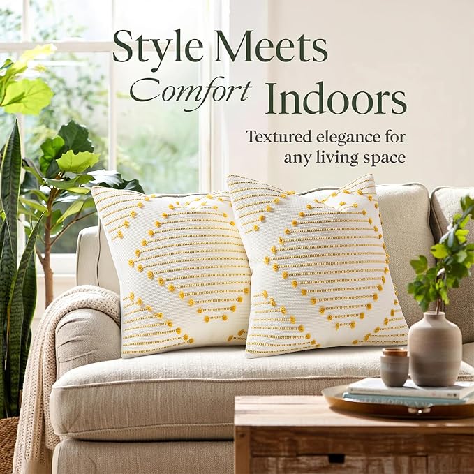 Mecatny Boho Summer Outdoor Throw Pillow Covers 12X20 Set of 2, Farmhouse Lumbar Pillow Covers for Couch Sofa Living Room, Yellow & White