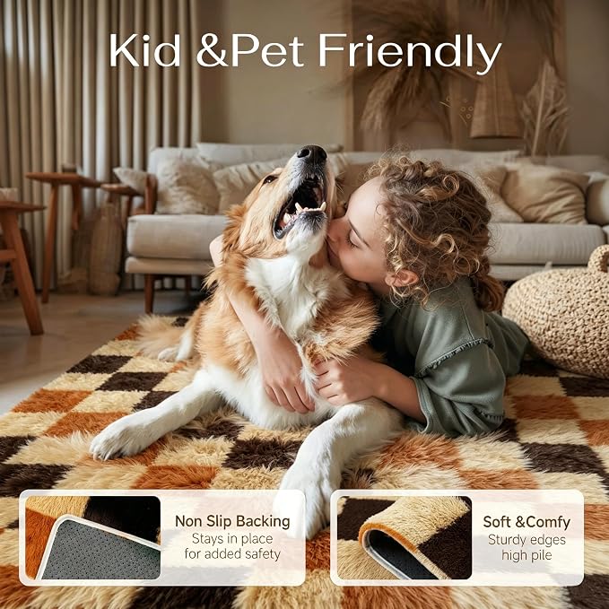 PureCozy Shag Rug 9x12 for Living Room Soft Non-Slip Large Area Rug Bedroom | Fluffy，Washable，Checkered Rug, Kids Room, Nursery Room, Classroom
