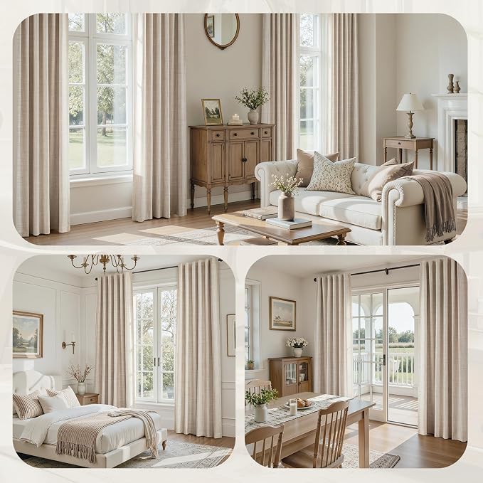 HOMEIDEAS 100% Blackout Faux Linen Curtains,Beige Modern Farmhouse Winter Boho Curtains 63 Inches Long 2 Panels, Rod Pocket & Back Tab for Vintage Living Room,Bedroom Decor
