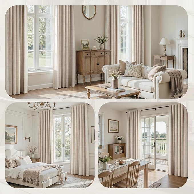 HOMEIDEAS 100% Blackout Faux Linen Curtains,Beige Modern Farmhouse Winter Boho Curtains 84 Inches Long 2 Panels, Rod Pocket & Back Tab for Vintage Living Room,Bedroom Decor