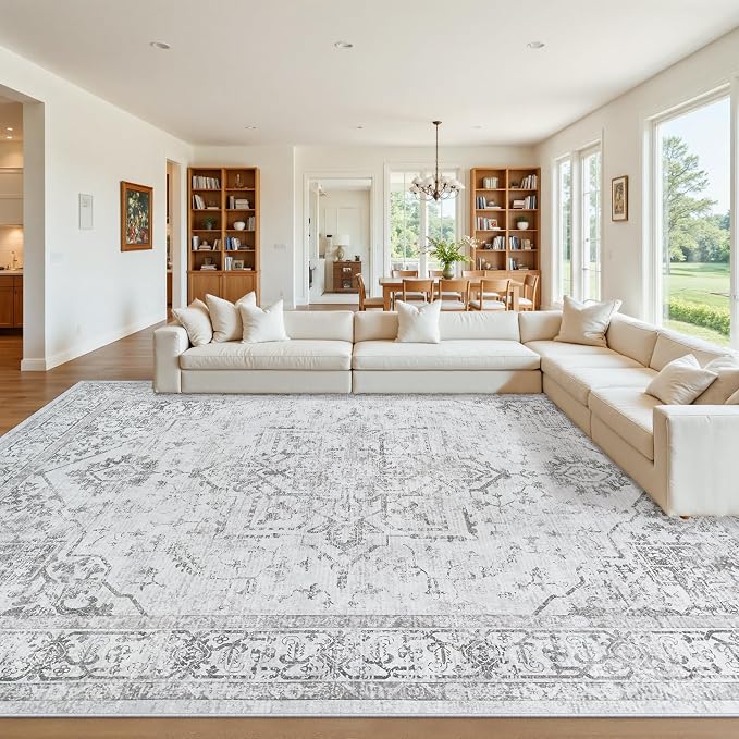 10x14 Area Rugs for Living Room:Washable Vintage Medallion Rug Non-Slip Soft Low Pile Gray Large Rugs Indoor Retro Carpet for Bedroom Kitchen Nursery Dining Table Office (Gray, 10'x14')