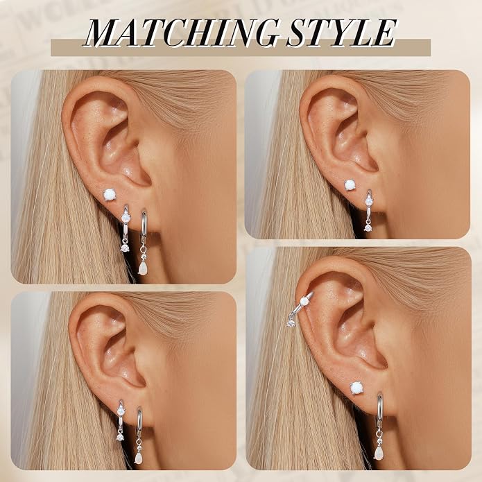 Angelady Opal Earrings Set for Women, Hypoallergenic S925 Sun Stud Earring for Sensitive Ears, Dainty Hoop Huggie Silver Opal Dangle Earring Stacks, Blue Earrings for Women Trendy 2025