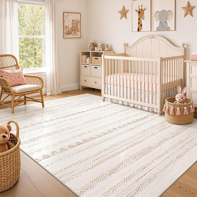 Nakagishi Area Rug Living Room Rugs: 6x10 Large Soft Machine Washable Boho Moroccan FarmNeutral Stain Resistant Indoor Floor Carpet for Bedroom Under Dining Table Home Office Decor-Cream Brown