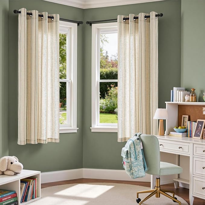 Vangao Linen Stripe Nursery Curtains for Kids Tickingstripe Light Filtering Window Curtains Colorful Pinstripe Printed Drapes 63 Inches Long for Living Room Boys Bedroom Colorful Green 2 Panels