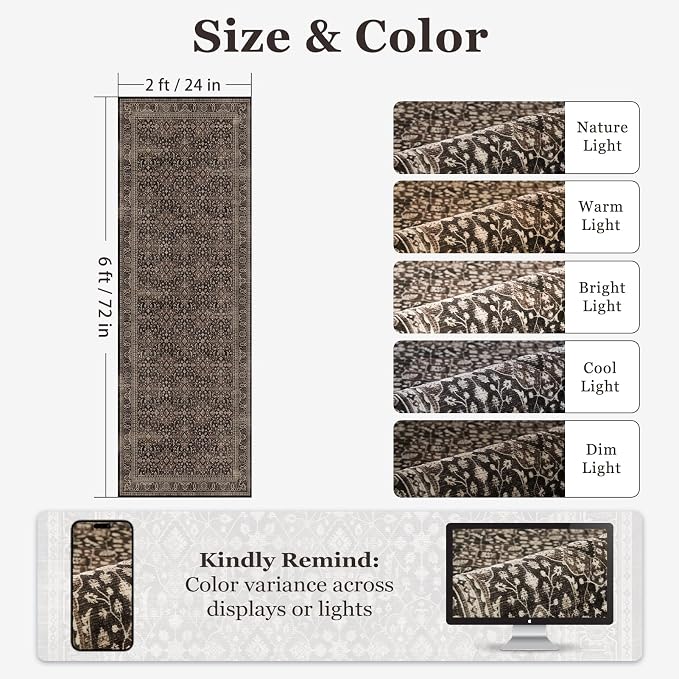 Washable Hallway Runner Rug 2x6, Vintage Farmhouse Kitchen Runner Rug Non Slip, Moroccan Floral Trellis Carpet Runners for Bathroom/Bedroom Bedside/Entryway/Laundry Room, Dark Wood Brown Black
