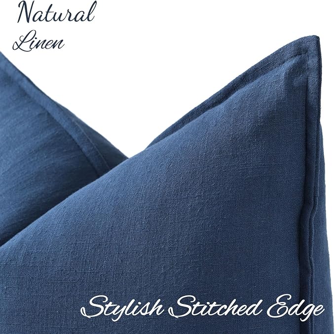 decorUhome Fall Blue Linen Throw Pillow Covers 20x20 Set of 2 | Decorative Soft Cozy Modern Farmhouse Boho Accent Pillow Cases with Flange Edges for Couch Bed Sofa Living Room Home Decor