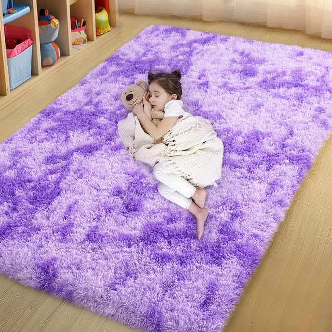 qulint 4x6 Purple Area Rugs for Bedroom, Soft Fluffy Rug for Living Room | Fuzzy Shag Small Carpet, Plush Shaggy Tie-dyed Purple Rug for Dorm Kid Room Classroom Home Decor