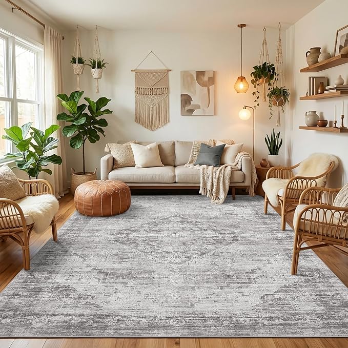 Garvee Grey 6x9 Area Rugs for Living Room, Boho Vintage Non-Slip Washable Low-Pile Stain Resistant Soft Carpet for Bedroom Home Office Nursery Kitchen Room Decor