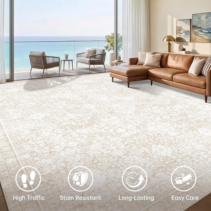 Sasttie 8x10 Area Rugs, Ultra-Soft Washable Rug, Low Pile Foldable Thin Carpets with Non-Slip Backing, Skin-Friendly Stain Resistant Carpet for Living Room, Bedroom, Kitchen, Dorm, 8x10, Cream