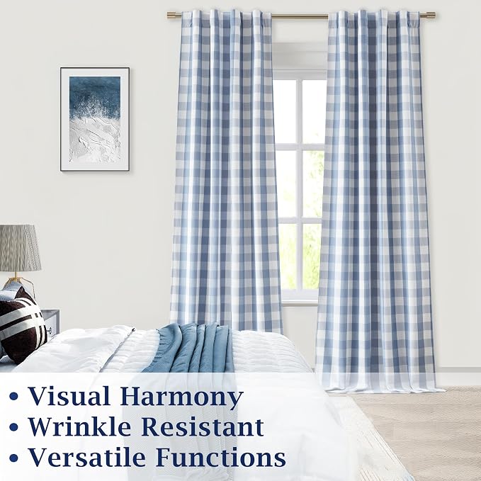 Dusty Blue Plaid Full Blackout Window Curtains 95 Inches Long | Farmhouse Geo Pattern Drape,Modern Energy Efficient Window Treatment for Bedroom Living Room,Rod Pocket Back Tabs,52"Wx95"Lx2
