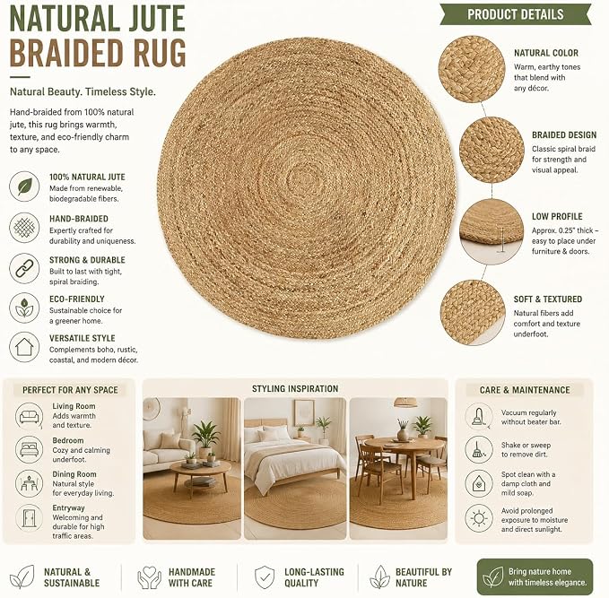 GRUHUM Handwoven Jute Area Rug - 8 feet Round - Natural Fiber - Rustic Vintage Beige Braided Reversible Rug - Eco Friendly Rugs for Bedroom - Kitchen - Living Room - Farmhouse (8'ft Round)
