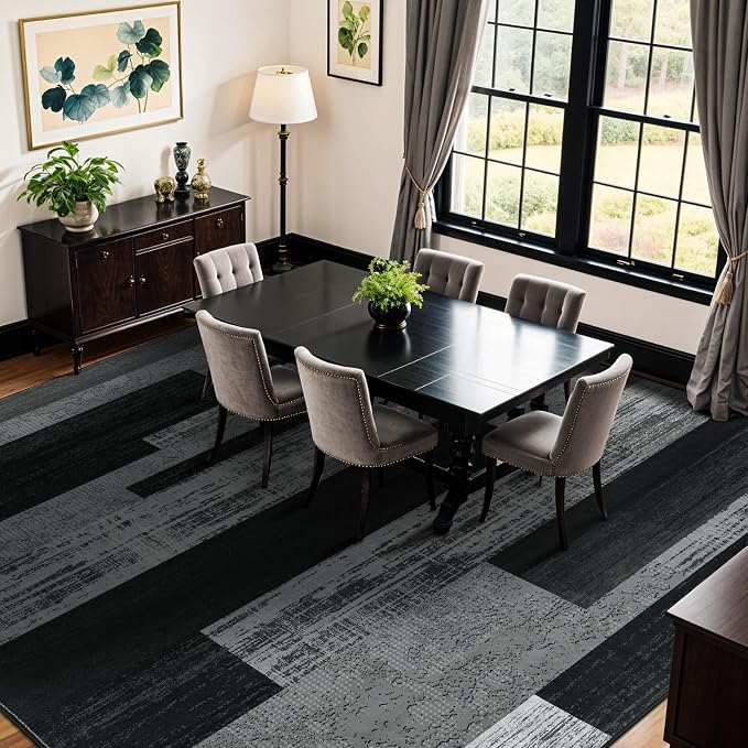 LIANLAM 10x12 Washable Area Rugs for Living Room&Bedroom(10x12,Black&Gray) | Non-Slip Large Carpet,Vintage Checkered Pattern, Stain Resistant Faux Wool Low Pile Soft Rug for Dining Room,Office,Nursery