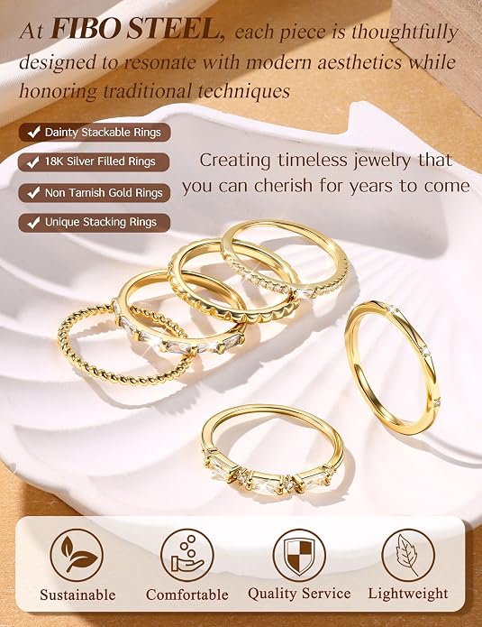 FIBO STEEL Gold Rings for Women Non Tarnish Dainty Stackable Ring Set Hypoallergenic Cubic Zirconia Wedding Band Promise Bands for Her Women's Jewelry Size 5-10