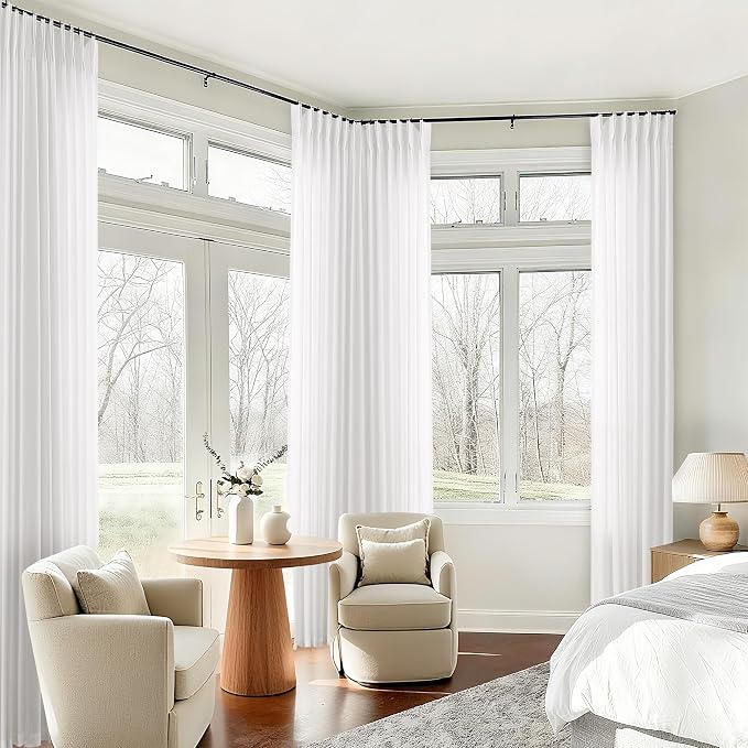 Ivory 105 Inch Long Curtains Pinch Pleat Memory Shape Trained Linen | Semi Sheer Light Filtering Curtains， for Living Room Bedroom， Ivory Cream， Boho Neutral， 105 Inch Pleated Drapes， Hooks Rings