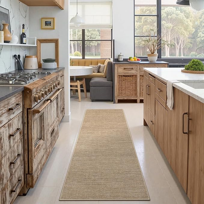 GarveeHome Hallway Runner Rug 2x10 Easy Jute Long Runner Carpet for Kitchen | Washable Modern Area Rugs Non Slip Stain Resistant Jute Throw Carpet for Bedroom Nursery Entryway Living Room, Tan