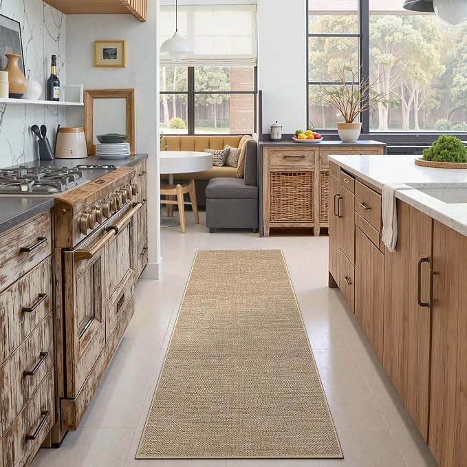 GarveeHome Easy Jute Runner Rug 2x8 Washable Non Slip Hallway Runner Rugs | Stain Resistant Low Pile Kitchen Throw Carpets Modern Solid Runners for Bedroom Nursery Entryway Living Room Dorm, Tan