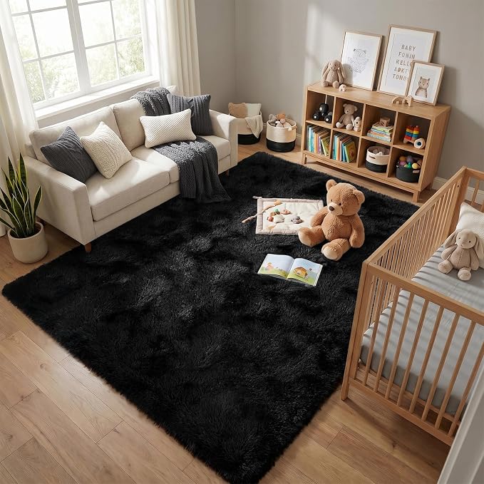 Fluffy Rugs for Living Room: Black Soft Shag Rug for Bedroom, Large Fuzzy Plush Indoor Carpet Non Slip Modern Rug for Nursery Kids Room Dorms Office Home Decor, 9x11 Feet