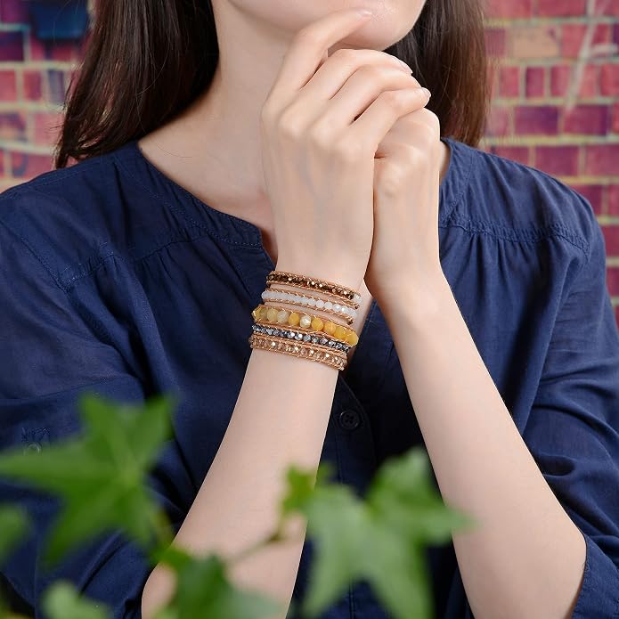 MGR MY GEMS ROCK! 35-Inch Long Multi-Layer Hand Crafted Gemstone and Crystal Multi-Stone Beaded on Genuine Leather Boho Style Stackable Super Wrap Bracelet, up to 5 Wraps.
