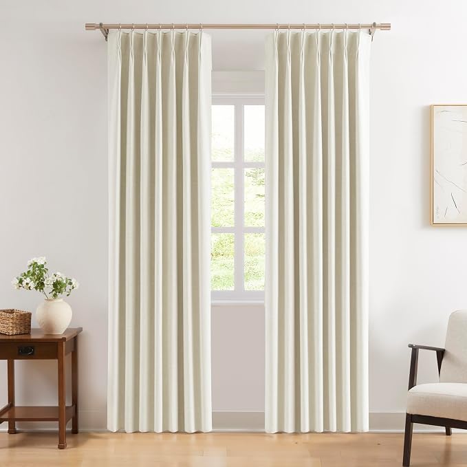WEST LAKE Beige Chenille Pinch Pleated 90% Blackout Curtains 84 Inches Long | Neutral Triple Weave Heavy Room Darkening Drapes,Modern Bedroom Living Room Window Treatment,Back Tabs,40"Wx84"Lx2,Beige