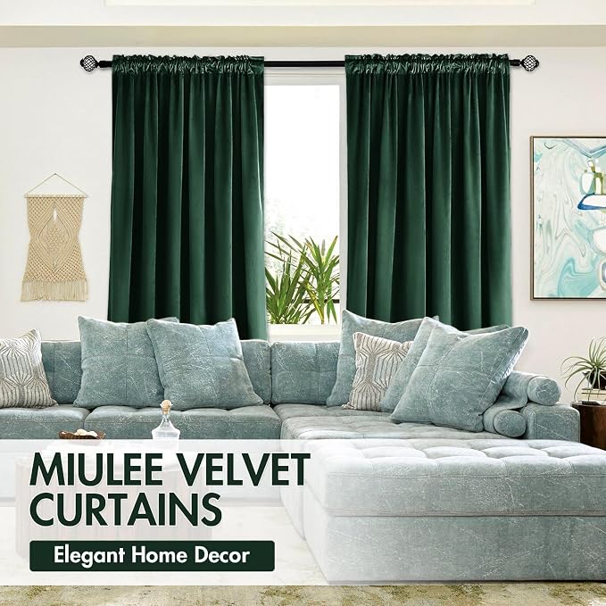 MIULEE Emerald Green Blackout Velvet Curtains Drapes 96 Inch Long 52"x96" | Luxurious Bedroom Living Room Decor, Room Darkening, Thermal Insulated, Rod Pocket Design, Super Soft Fabric